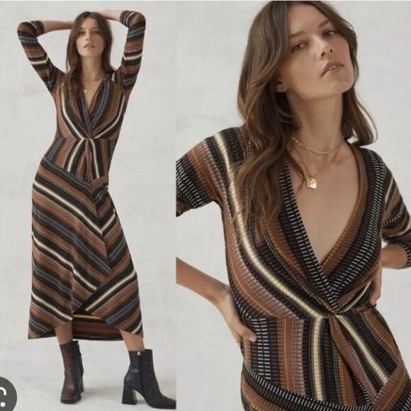 Maeve Dresses & Skirts - Anthropologie Maeve Striped Wrap Midi Dress Brown Black XS